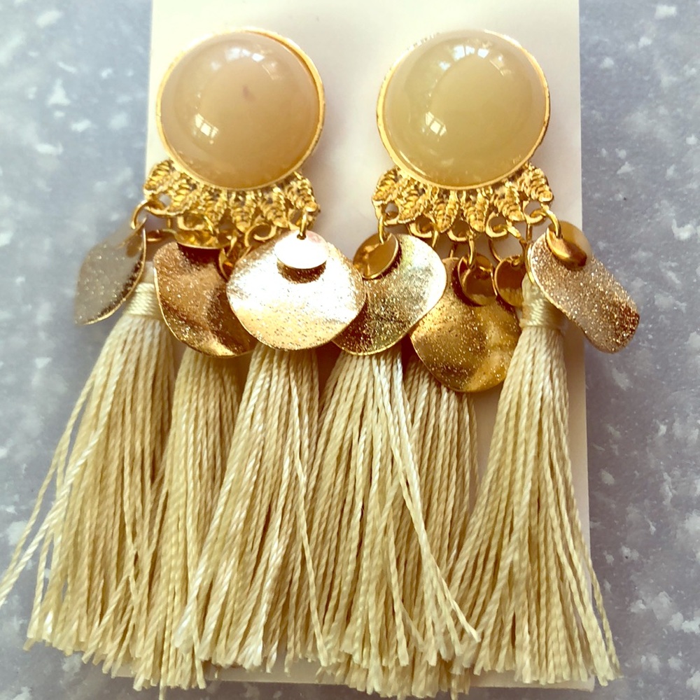 Boho cream tassel/ faux gold drop earrings